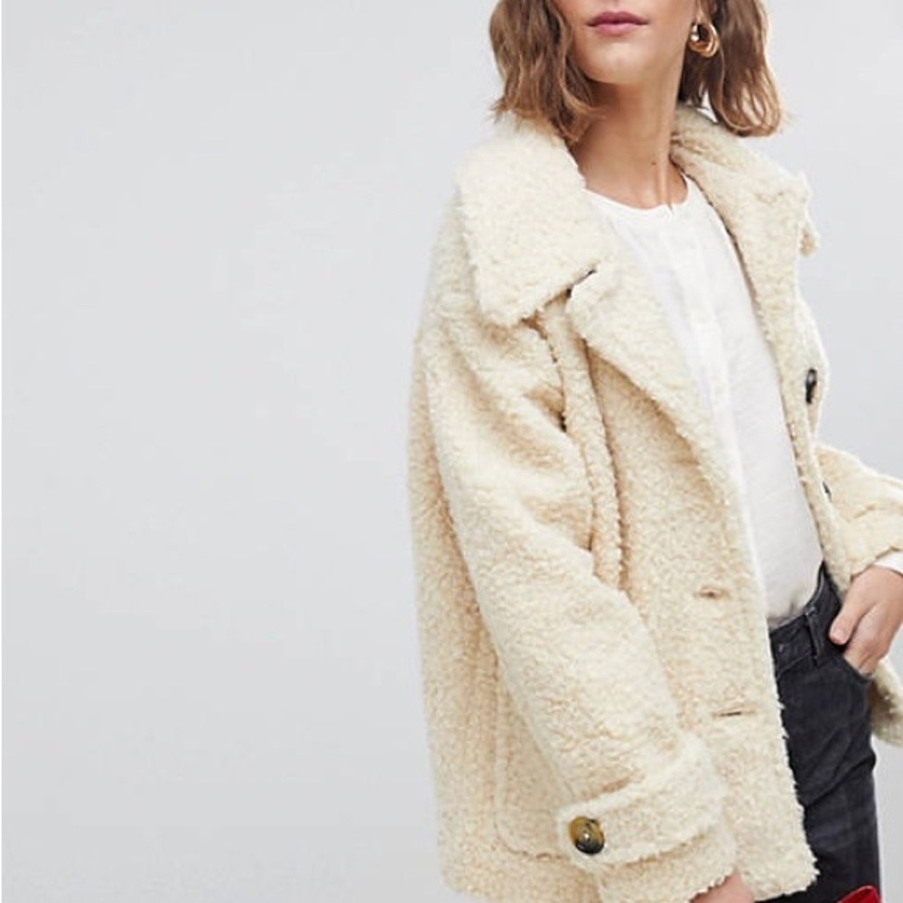 Free People Ivory Sherpa Pea Coat Snap Button Jacket Size M